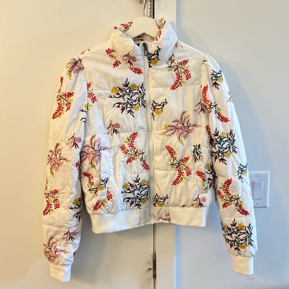 Desigual White Floral Embroidered‎ Puffer Jacket XS
